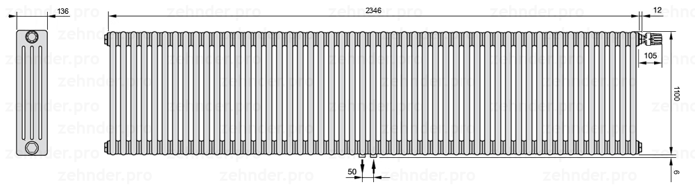 Схема (чертеж) Радиатор Zehnder Charleston 4110/51 №V008 Белый глянцевый RAL 9016